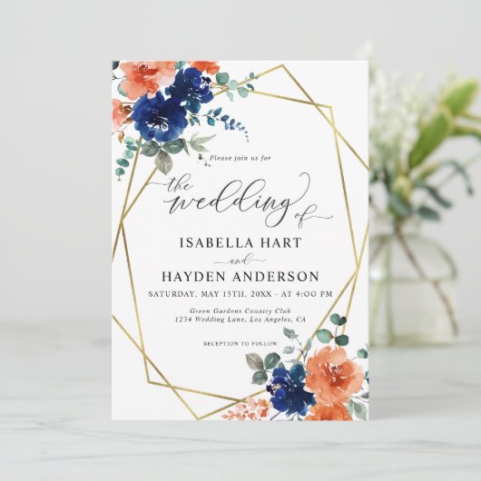Navy Burnt Oranje Floral Gold Lijst Wedding Kaart (Staand voorkant)
