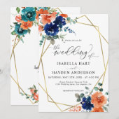 Navy Burnt Oranje Floral Gold Lijst Wedding Kaart (Voorkant / Achterkant)
