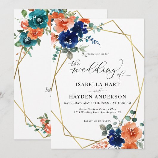 Navy Burnt Oranje Floral Gold Lijst Wedding Kaart (Voorkant / Achterkant)