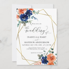 Navy Burnt Oranje Floral Gold Lijst Wedding Kaart