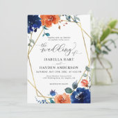 Navy Burnt Oranje Floral Rust Gold Foil Wedding Kaart (Staand voorkant)