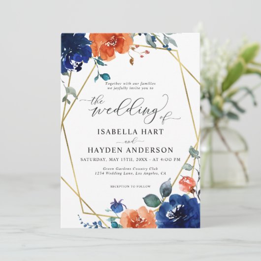 Navy Burnt Oranje Floral Rust Gold Foil Wedding Kaart (Staand voorkant)