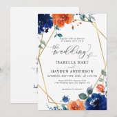 Navy Burnt Oranje Floral Rust Gold Foil Wedding Kaart (Voorkant / Achterkant)