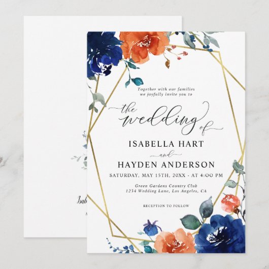 Navy Burnt Oranje Floral Rust Gold Foil Wedding Kaart (Voorkant / Achterkant)