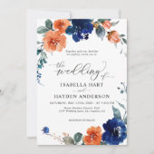 Navy Burnt Oranje Floral Rust Oranje Boho Wedding Kaart (Voorkant)
