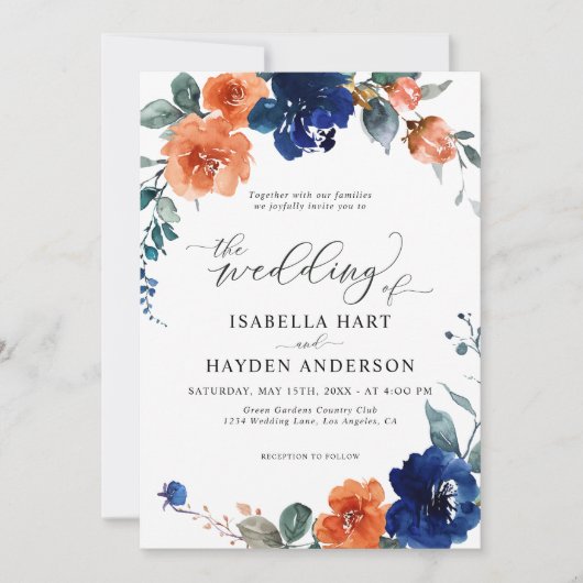 Navy Burnt Oranje Floral Rust Oranje Boho Wedding Kaart (Voorkant)