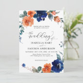 Navy Burnt Oranje Floral Rust Oranje Boho Wedding Kaart (Staand voorkant)