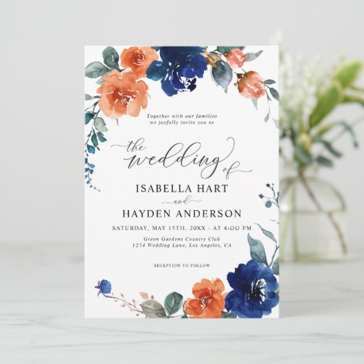 Navy Burnt Oranje Floral Rust Oranje Boho Wedding Kaart (Staand voorkant)