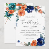 Navy Burnt Oranje Floral Rust Oranje Boho Wedding Kaart (Voorkant / Achterkant)