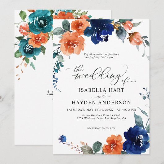 Navy Burnt Oranje Floral Rust Oranje Boho Wedding Kaart (Voorkant / Achterkant)