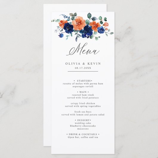 Navy Burnt Sinaasappel Bloemen Boho Zomer Herfst B Menu (Voorkant / Achterkant)