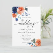 Navy Burnt Sinaasappel Floral Boho Elegant Wedding Kaart (Staand voorkant)