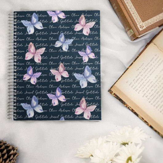 Navy Butterflies Monogram Gratitude Journal Notitieboek