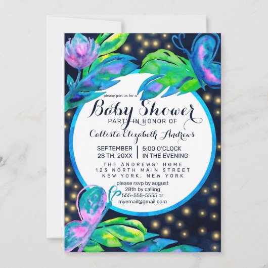 Navy Butterfly Floral Leaf Waterverf Baby shower Kaart (Voorkant)