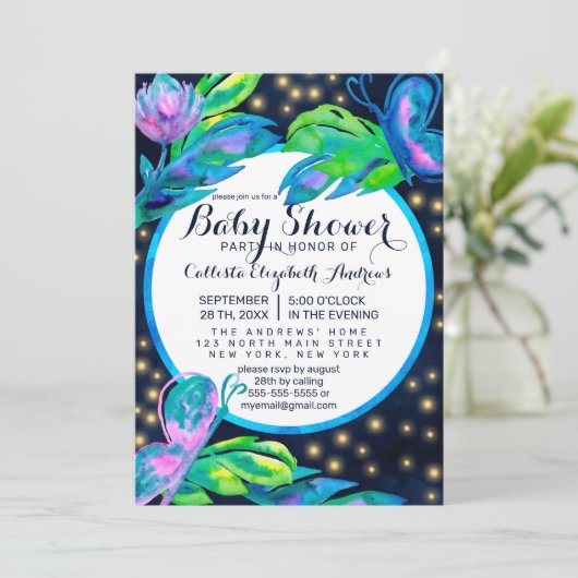Navy Butterfly Floral Leaf Waterverf Baby shower Kaart (Staand voorkant)