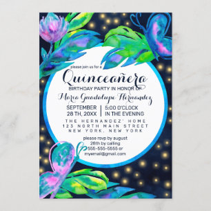 Navy Butterfly Floral Leaf Waterverf Quinceañera Kaart