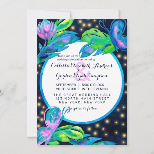 Navy Butterfly Floral verlaat Waterverf bruiloft Kaart (Voorkant)