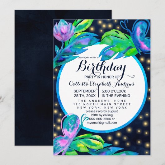 Navy Butterfly Floral verlaat Waterverf verjaardag Kaart (Voorkant / Achterkant)