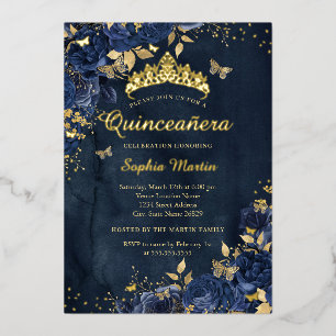 Navy Butterfly Flower Elegant Gold Quinceanera Folie Uitnodiging