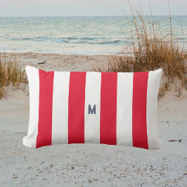 Navy Cabana Stripe en gepersonaliseerd rood monogr Buitenkussen