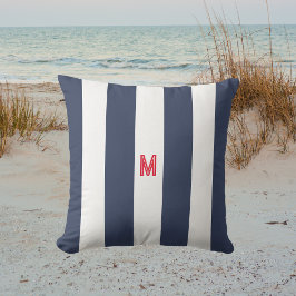 Navy Cabana Stripe en gepersonaliseerd rood monogr Buitenkussen