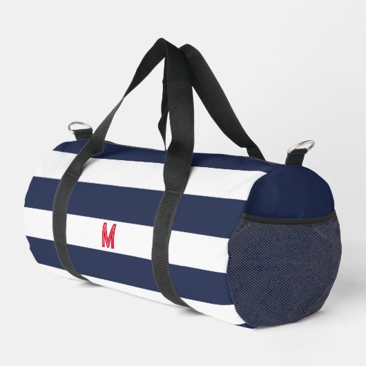Navy Cabana Stripe en gepersonaliseerd rood monogr Plunjezak (Rechterhoek)