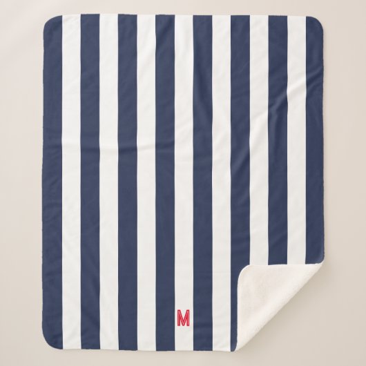 Navy Cabana Stripe en gepersonaliseerd rood monogr Sherpa Deken (Voorkant)