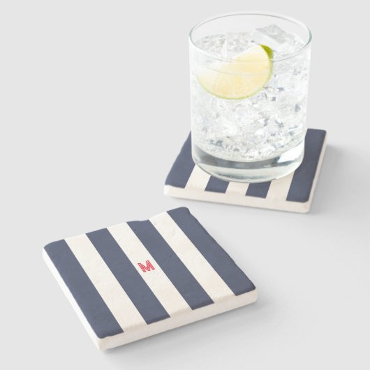 Navy Cabana Stripe en gepersonaliseerd rood monogr Stenen Onderzetter (Zijkant)