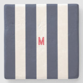 Navy Cabana Stripe en gepersonaliseerd rood monogr Stenen Onderzetter (Voorkant)