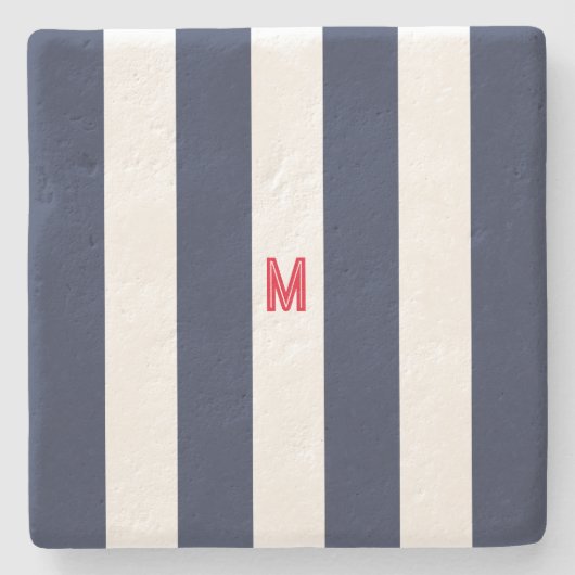 Navy Cabana Stripe en gepersonaliseerd rood monogr Stenen Onderzetter (Voorkant)