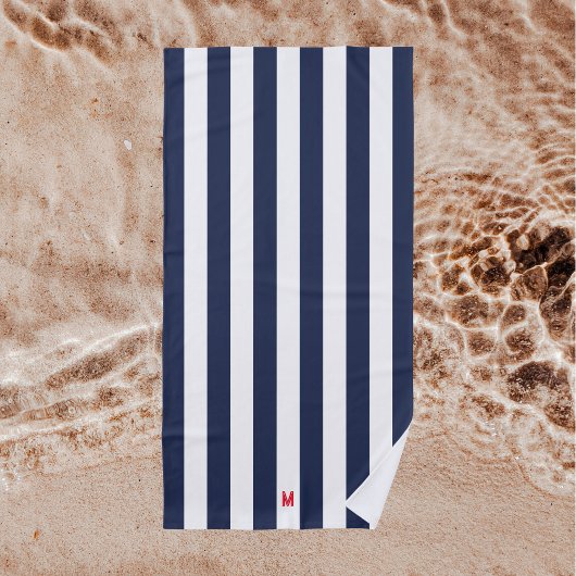 Navy Cabana Stripe en gepersonaliseerd rood monogr Strandlaken