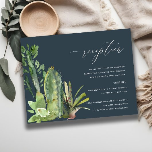 NAVY CACTI FOLIAGE WATERVERF WEDDING RECEPT INFORMATIEKAARTJE