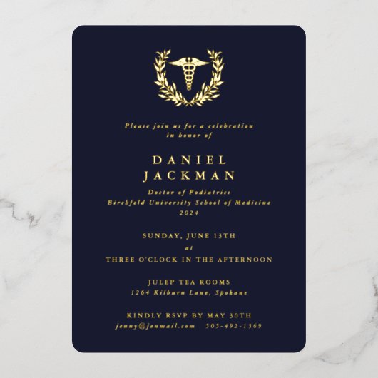 Navy Caduceus + Laurel Medical School Afstuderen Folie Uitnodiging (Voorkant)