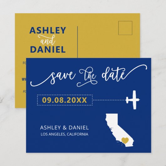 Navy California Wedding Save the Date Map Briefkaa Briefkaart (Voorkant / Achterkant)