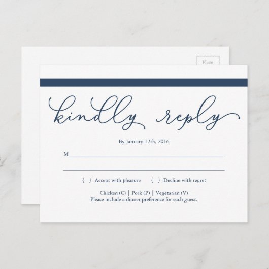 Navy Calligraphy RSVP Briefkaart (Voorkant / Achterkant)