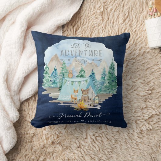 Navy Camping Adventure Forest Baby Boy Birth Stats Kussen (Deken)