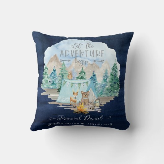Navy Camping Adventure Forest Baby Boy Birth Stats Kussen (Achterkant)
