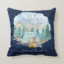 Navy Camping Adventure Forest Baby Boy Birth Stats Kussen