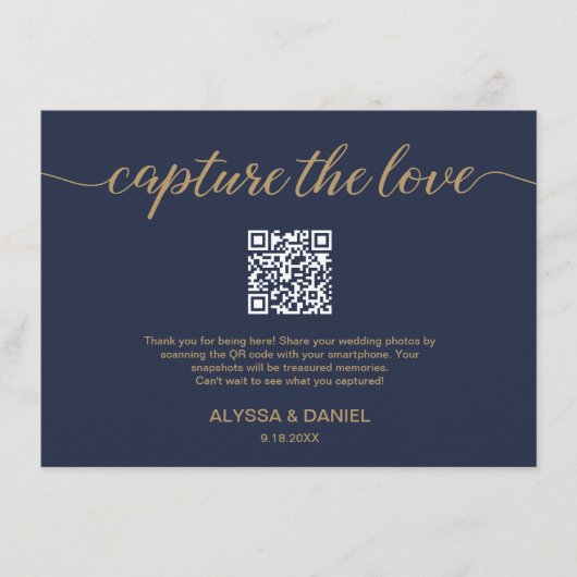 Navy Capture de liefde QR code bruiloft foto delen Informatiekaartje (Voorkant)