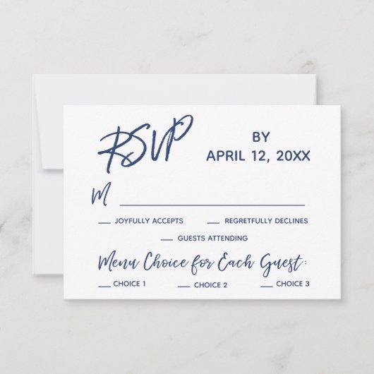 Navy Casual Handschrift Menu Opties Bruiloft RSVP (Voorkant)