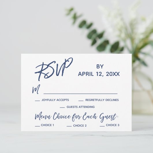 Navy Casual Handschrift Menu Opties Bruiloft RSVP (Staand voorkant)