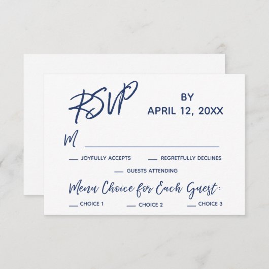 Navy Casual Handschrift Menu Opties Bruiloft RSVP (Voorkant / Achterkant)