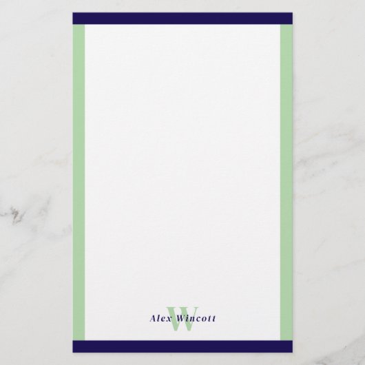 Navy & Celadon Borders Monogrammed Briefpapier (Voorkant)