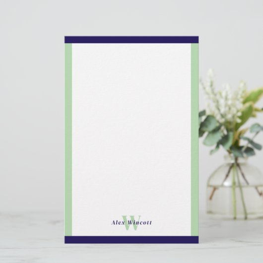 Navy & Celadon Borders Monogrammed Briefpapier (Staand voorkant)