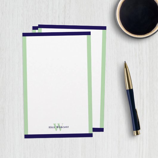 Navy & Celadon Borders Monogrammed Briefpapier