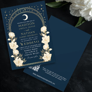 Navy Celestial Arch Art Nouveau QR Code Huwelijk Kaart