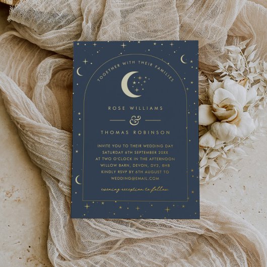 Navy Celestial Arched Huwelijksuitnodiging Folie Uitnodiging