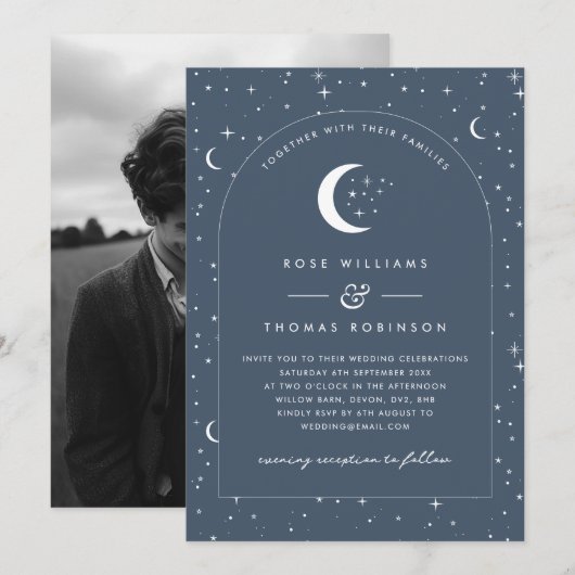 Navy Celestial Arched Huwelijksuitnodiging Foto Kaart (Voorkant / Achterkant)