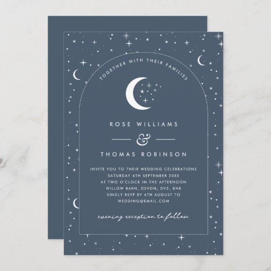 Navy Celestial Arched Huwelijksuitnodiging Kaart (Voorkant / Achterkant)