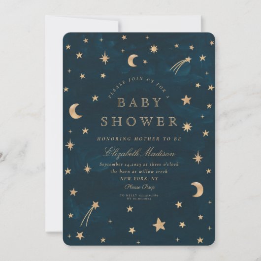 Navy Celestial Gold Stars Moon Baby shower Kaart (Voorkant)